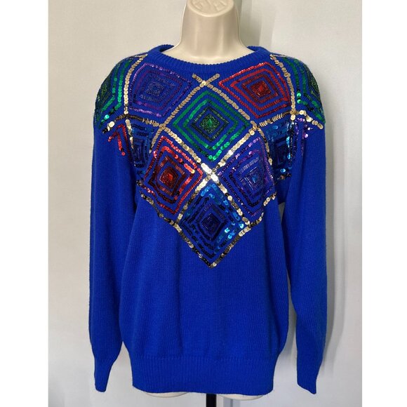 Vintage Blue Sequin Sweater disco glam knit holiday – Made in Hong Kong - Picture 2 of 4